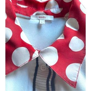 Rare & Vintage Kenzo polo with botanical graphics & red & wht polka dot collar.